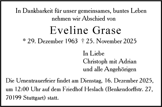Traueranzeige von Eveline Grase von Stuttgarter Zeitung / Stuttgarter Nachrichten