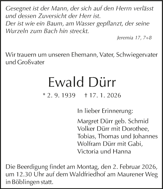 Traueranzeige von Ewald Dürr von Kreiszeitung Böblinger Bote