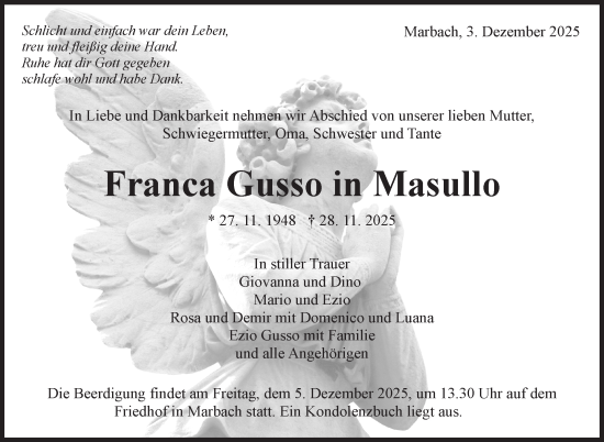 Traueranzeige von Franca Gusso von Marbacher Zeitung