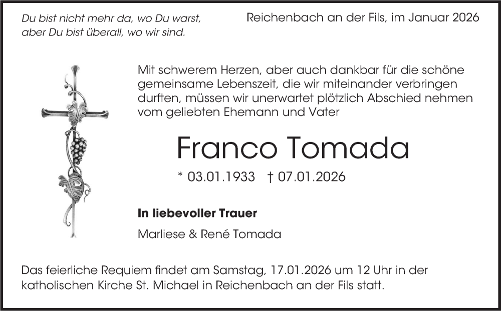  Traueranzeige für Franco Tomada vom 16.01.2026 aus Eßlinger Zeitung