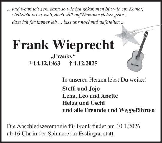 Traueranzeige von Frank Wieprecht von Eßlinger Zeitung