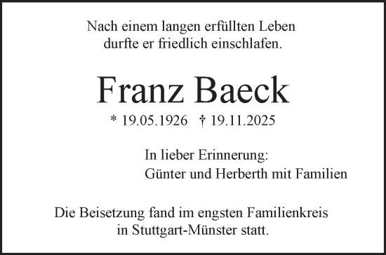 Traueranzeige von Franz Baeck von Stuttgarter Zeitung / Stuttgarter Nachrichten