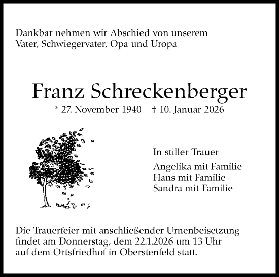 Traueranzeige von Franz Schreckenberger von Marbacher Zeitung