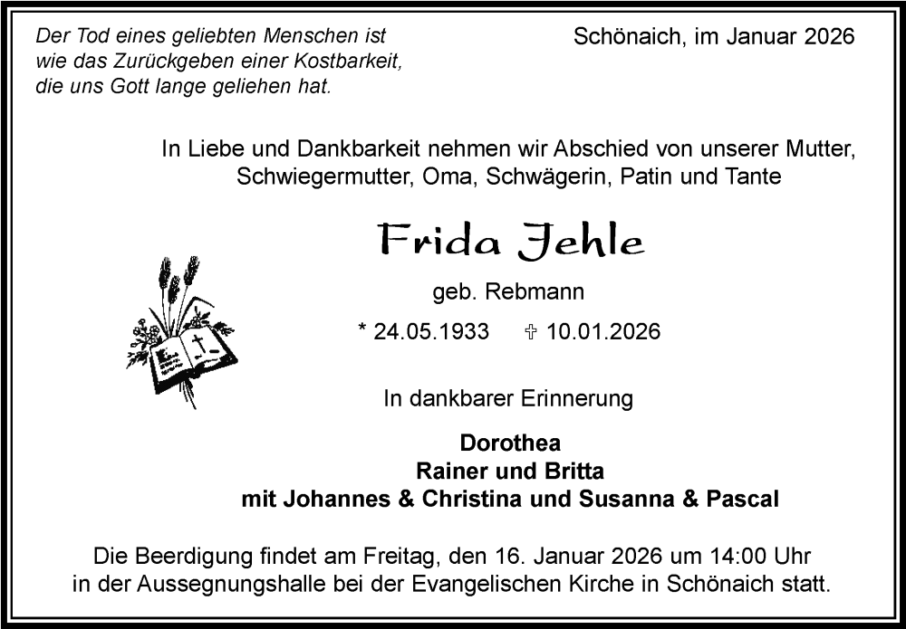  Traueranzeige für Frida Jehle vom 15.01.2026 aus Kreiszeitung Böblinger Bote