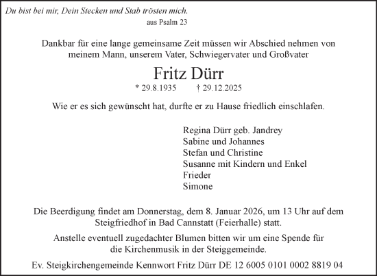 Traueranzeige von Fritz Dürr von Stuttgarter Zeitung / Stuttgarter Nachrichten