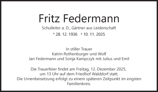 Traueranzeige von Fritz Federmann von Stuttgarter Zeitung / Stuttgarter Nachrichten