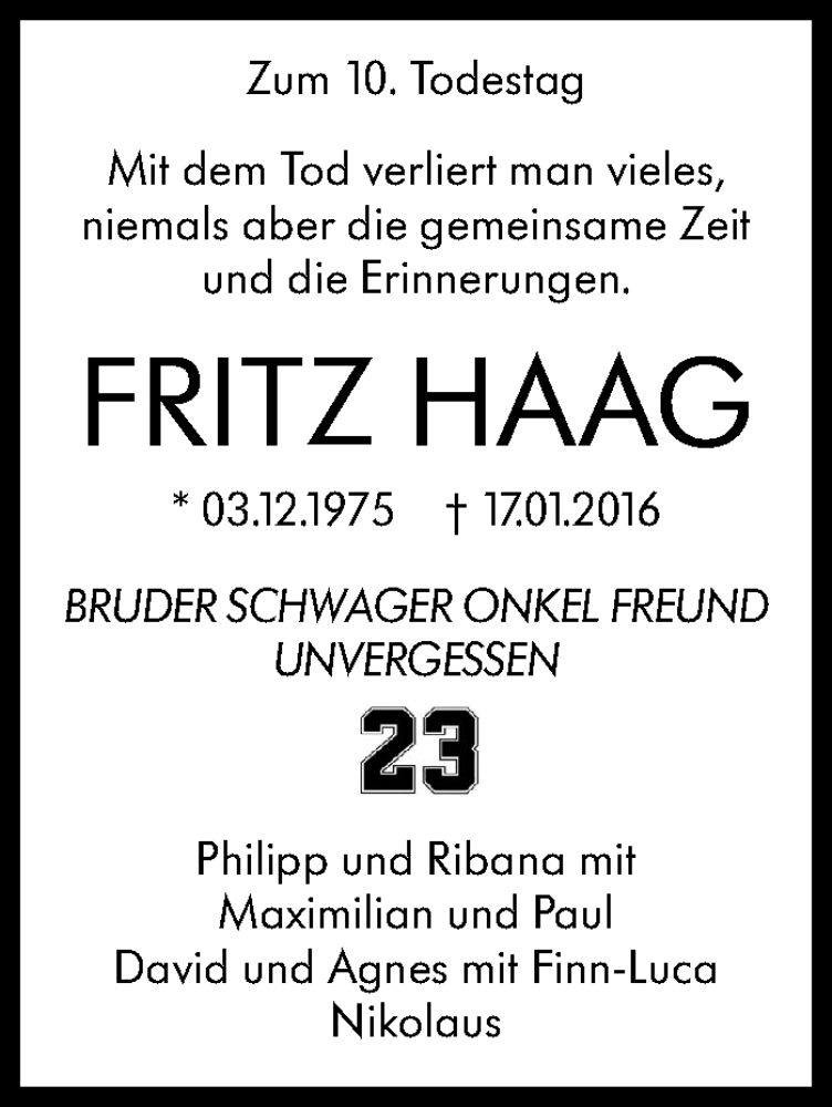  Traueranzeige für Fritz Haag vom 17.01.2026 aus Stuttgarter Zeitung / Stuttgarter Nachrichten