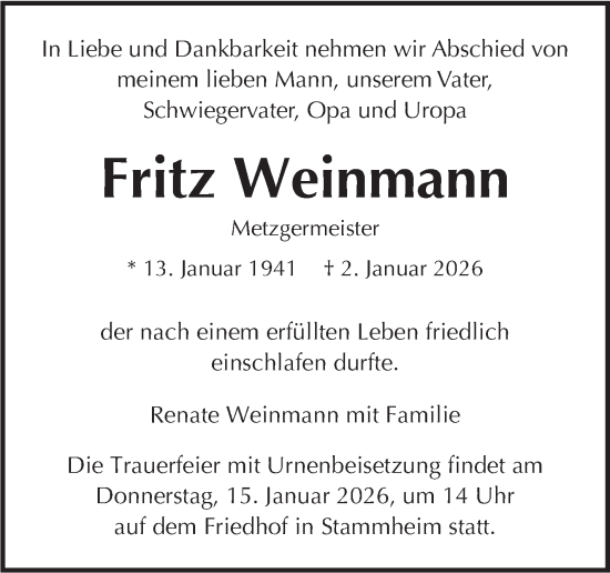 Traueranzeige von Fritz Weinmann von Stuttgarter Zeitung / Stuttgarter Nachrichten