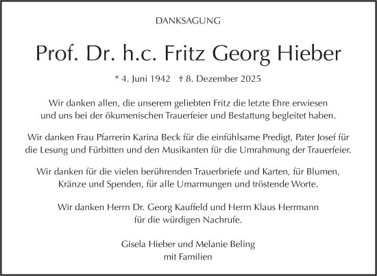 Traueranzeige von Fritz Georg Hieber von Stuttgarter Zeitung / Stuttgarter Nachrichten