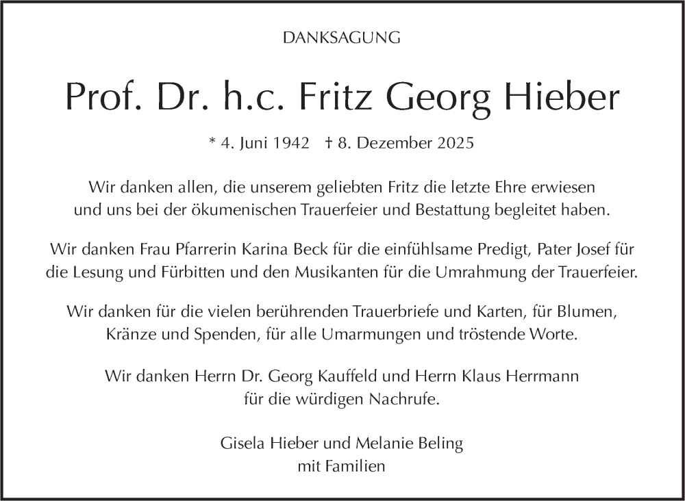 Traueranzeige für Fritz Georg Hieber vom 17.01.2026 aus Stuttgarter Zeitung / Stuttgarter Nachrichten