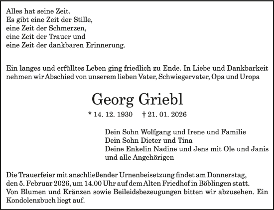 Traueranzeige von Georg Griebl von Kreiszeitung Böblinger Bote