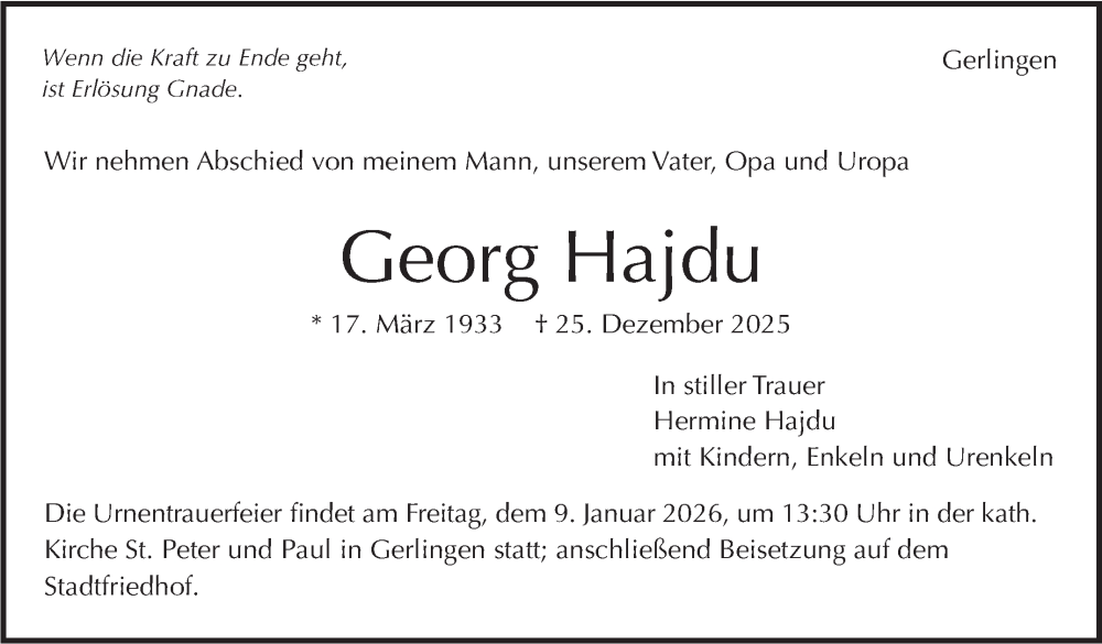  Traueranzeige für Georg Hajdu vom 03.01.2026 aus Leonberger Kreiszeitung / Strohgäu Extra