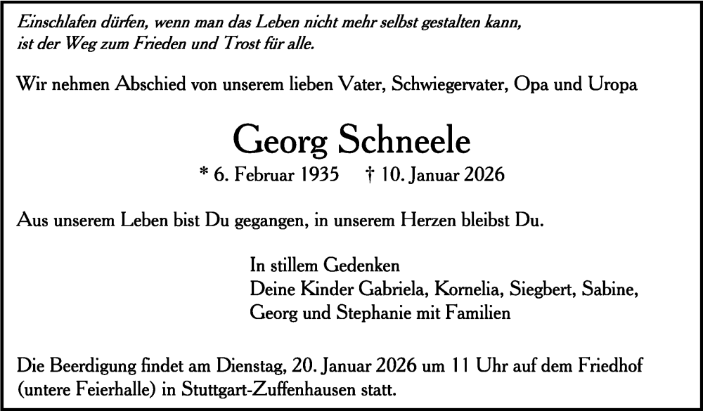  Traueranzeige für Georg Schneele vom 17.01.2026 aus Stuttgarter Zeitung / Stuttgarter Nachrichten