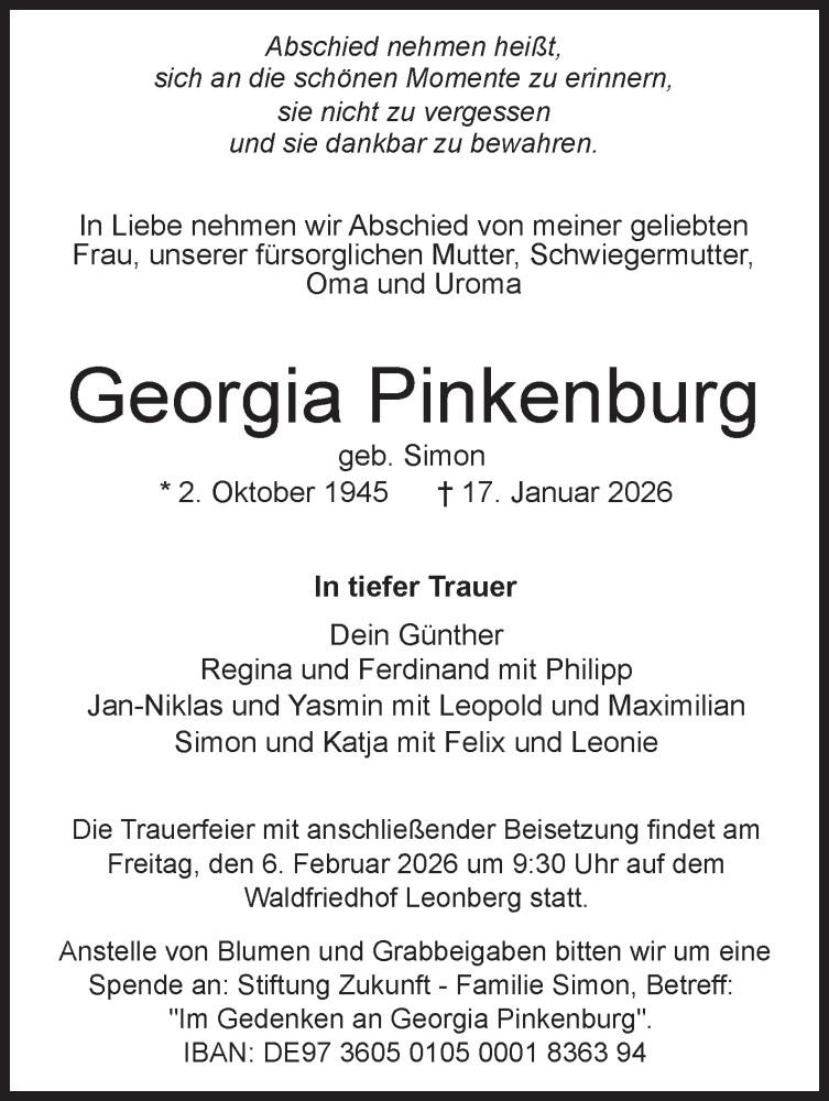  Traueranzeige für Georgia Pinkenburg vom 24.01.2026 aus Leonberger Kreiszeitung / Strohgäu Extra