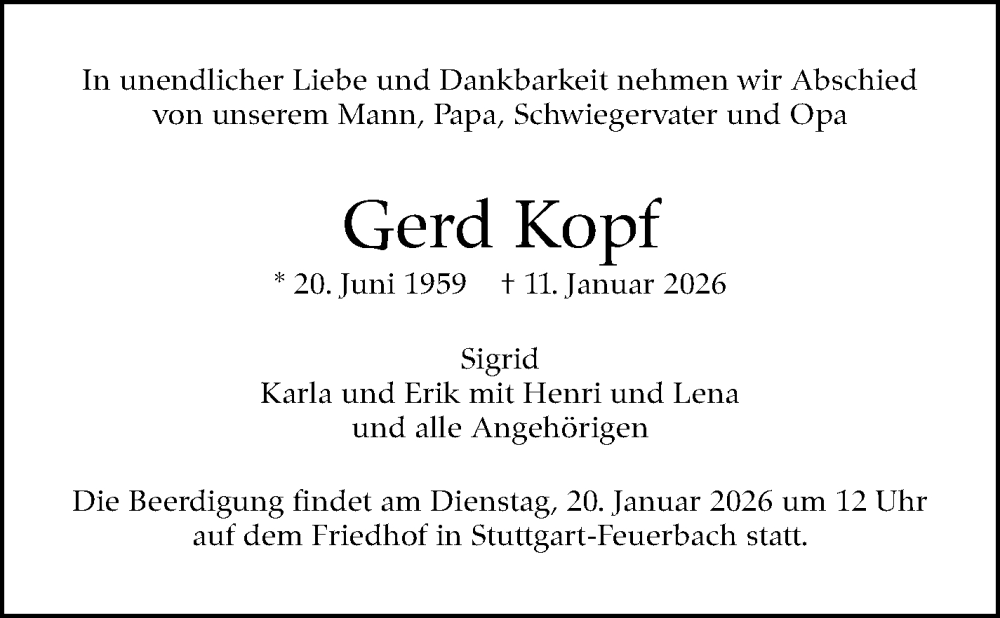 Traueranzeige für Gerd Kopf vom 17.01.2026 aus Stuttgarter Zeitung / Stuttgarter Nachrichten