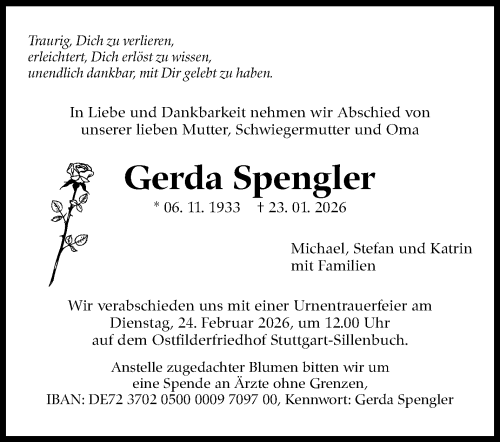  Traueranzeige für Gerda Spengler vom 31.01.2026 aus Stuttgarter Zeitung / Stuttgarter Nachrichten