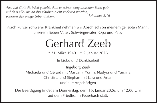 Traueranzeige von Gerhard Zeeb von Stuttgarter Zeitung / Stuttgarter Nachrichten