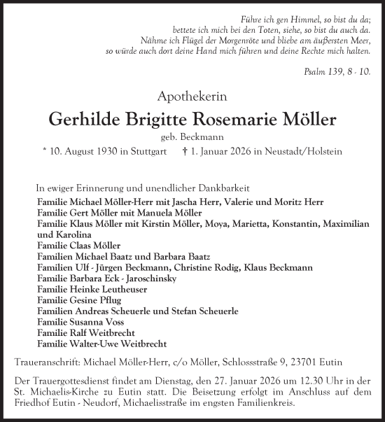 Traueranzeige von Gerhilde Brigitte Rosemarie Möller von Stuttgarter Zeitung / Stuttgarter Nachrichten