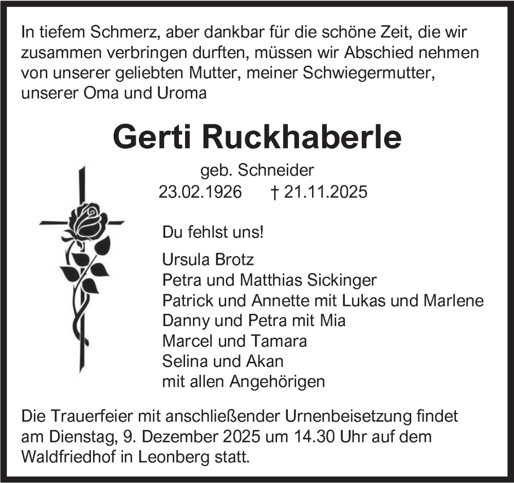  Traueranzeige für Gerti Ruckhaberle vom 02.12.2025 aus Leonberger Kreiszeitung / Strohgäu Extra