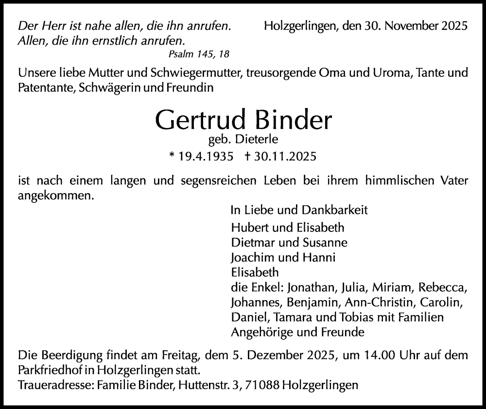  Traueranzeige für Gertrud Binder vom 03.12.2025 aus Kreiszeitung Böblinger Bote