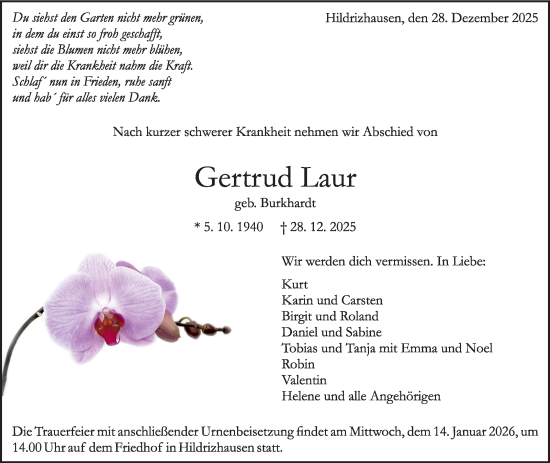 Traueranzeige von Gertrud Laur von Kreiszeitung Böblinger Bote