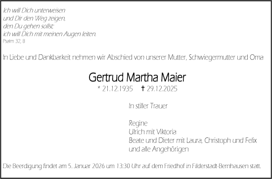 Traueranzeige von Gertrud Martha Maier von Stuttgarter Zeitung / Stuttgarter Nachrichten