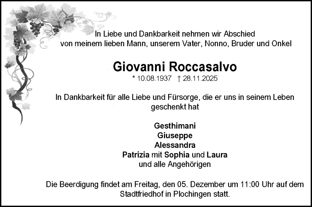  Traueranzeige für Giovanni Roccasalvo vom 03.12.2025 aus Eßlinger Zeitung