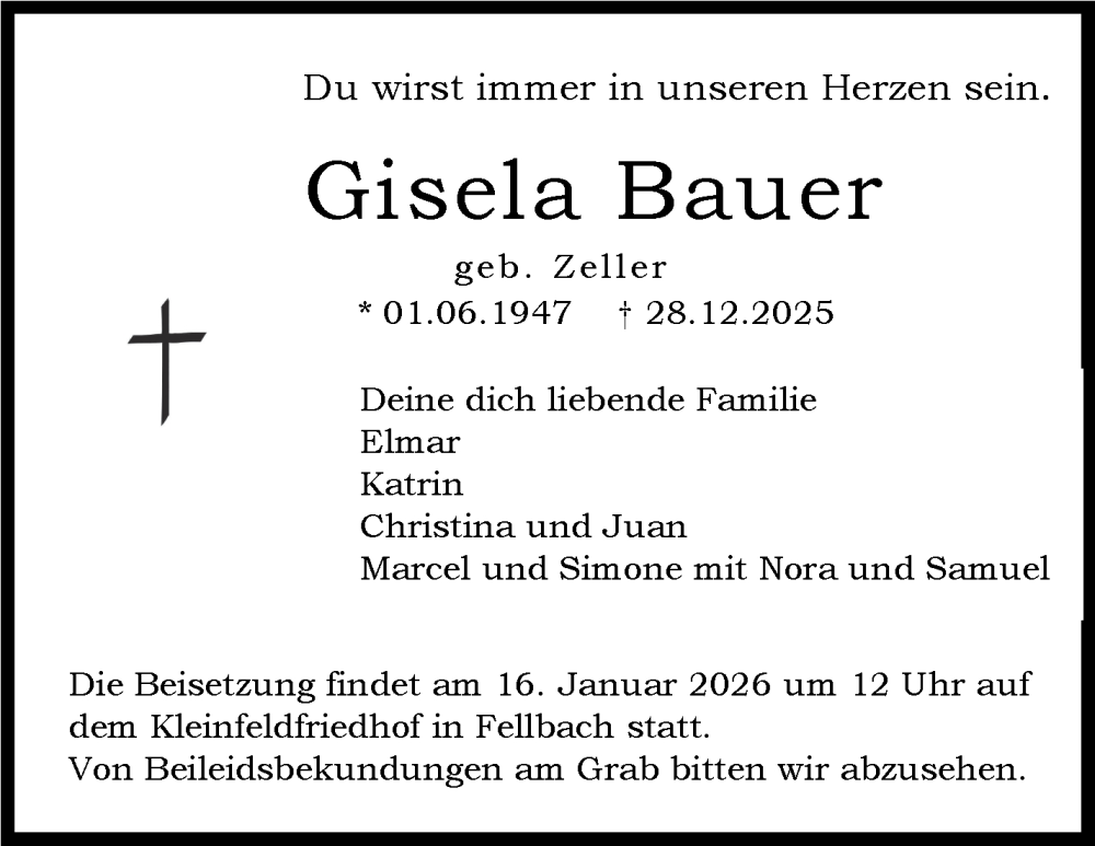  Traueranzeige für Gisela Bauer vom 09.01.2026 aus Stuttgarter Zeitung / Stuttgarter Nachrichten