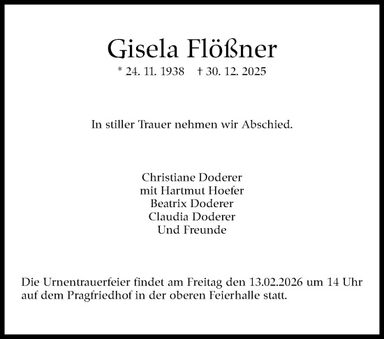 Traueranzeige von Gisela Flößner von Stuttgarter Zeitung / Stuttgarter Nachrichten