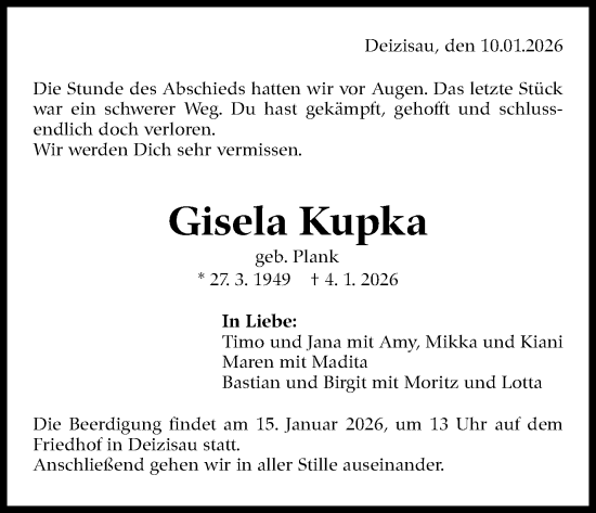 Traueranzeige von Gisela Kupka von Eßlinger Zeitung