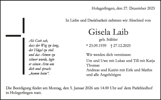 Traueranzeige von Gisela Laib von Kreiszeitung Böblinger Bote