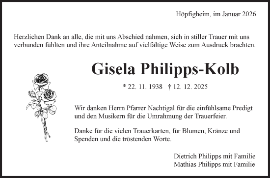 Traueranzeige von Gisela Philipps-Kolb von Marbacher Zeitung