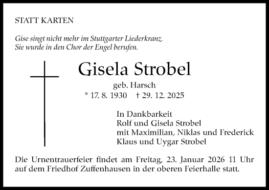 Traueranzeige von Gisela Strobel von Stuttgarter Zeitung / Stuttgarter Nachrichten