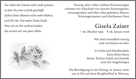 Traueranzeige von Gisela Zaiser von Eßlinger Zeitung