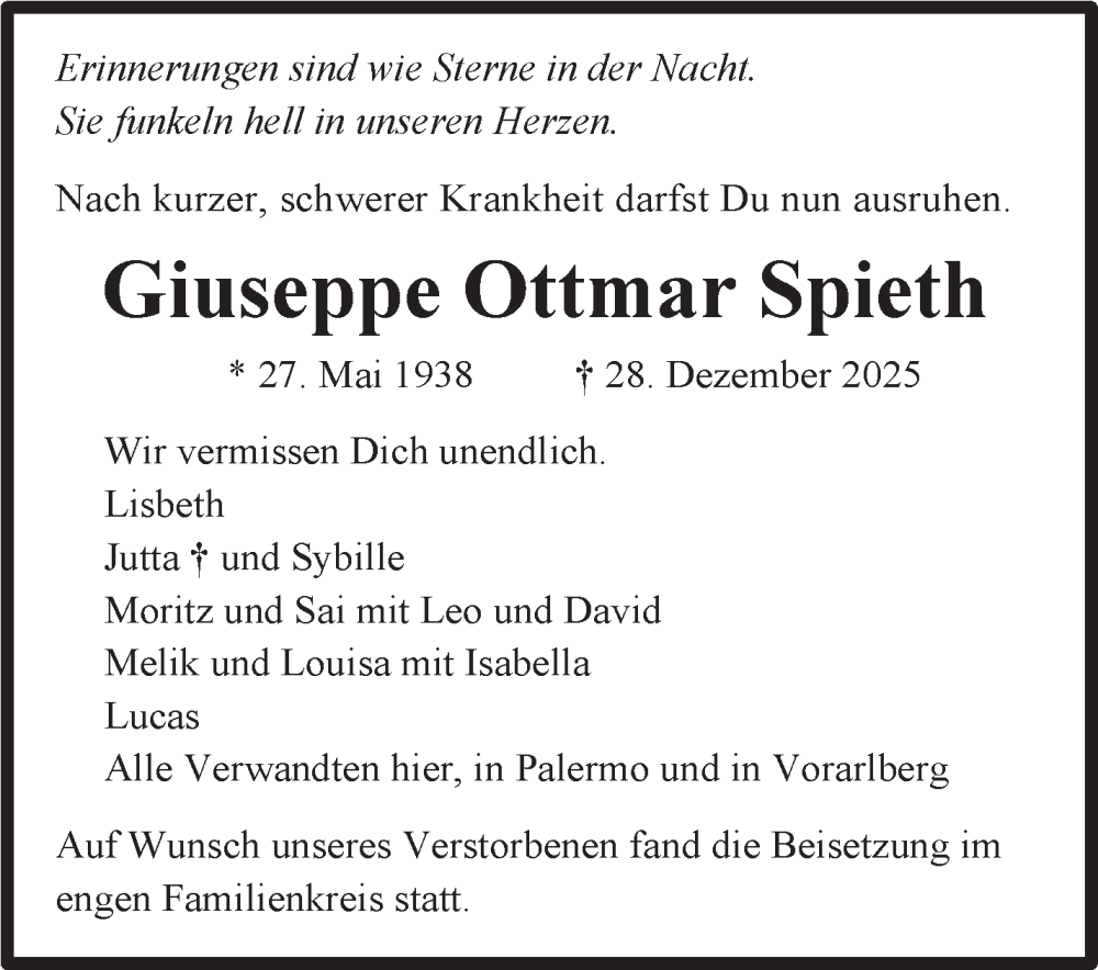  Traueranzeige für Giuseppe Ottmar Spieth vom 21.01.2026 aus Stuttgarter Zeitung / Stuttgarter Nachrichten