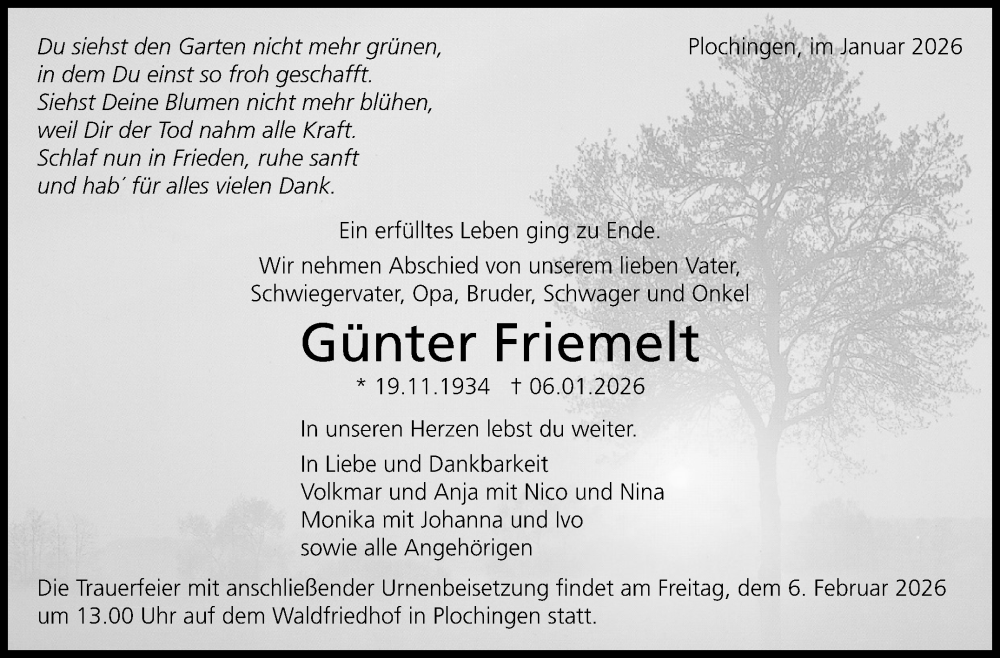  Traueranzeige für Günter Friemelt vom 24.01.2026 aus Eßlinger Zeitung