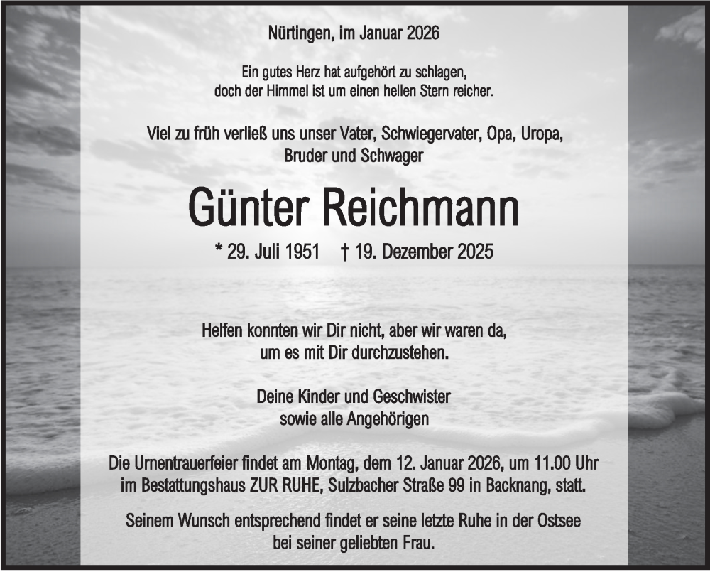  Traueranzeige für Günter Reichmann vom 09.01.2026 aus Eßlinger Zeitung