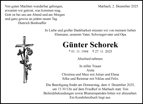 Traueranzeige von Günter Schorek von Marbacher Zeitung