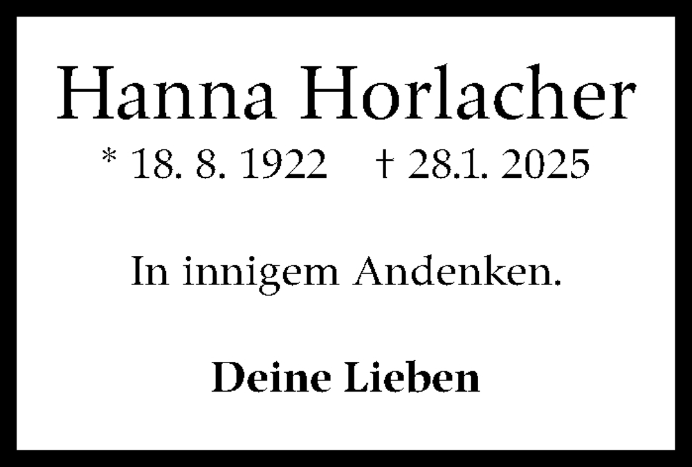 Traueranzeige für Hanna Horlacher vom 28.01.2026 aus Eßlinger Zeitung