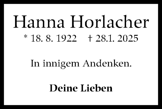 Traueranzeige von Hanna Horlacher von Eßlinger Zeitung