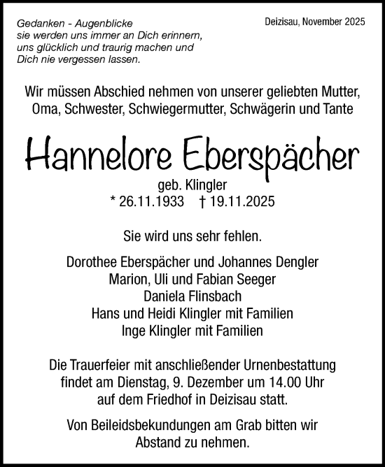 Traueranzeige von Hannelore Eberspächer von Eßlinger Zeitung
