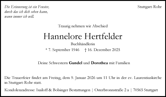 Traueranzeige von Hannelore Hertfelder von Eßlinger Zeitung
