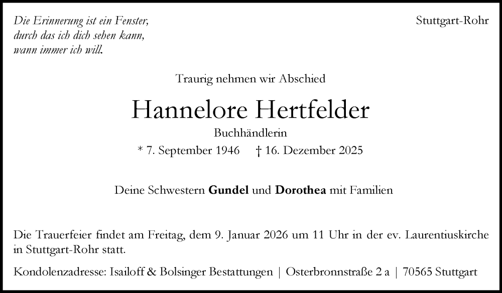  Traueranzeige für Hannelore Hertfelder vom 02.01.2026 aus Eßlinger Zeitung