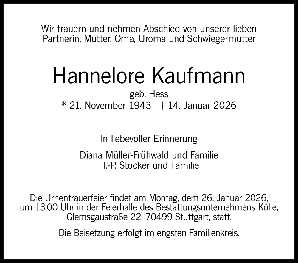  Traueranzeige für Hannelore Kaufmann vom 23.01.2026 aus Stuttgarter Zeitung / Stuttgarter Nachrichten