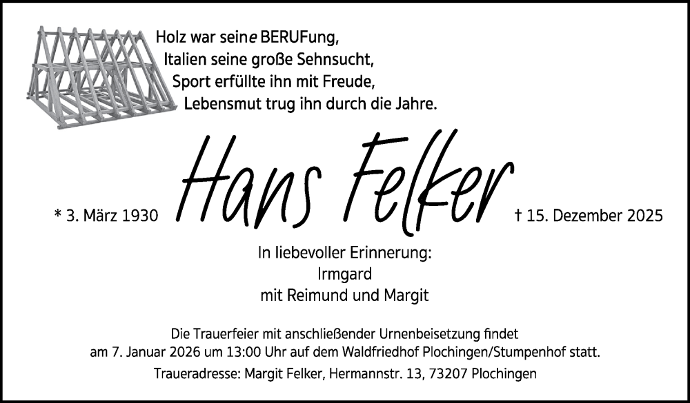  Traueranzeige für Hans Felker vom 03.01.2026 aus Eßlinger Zeitung