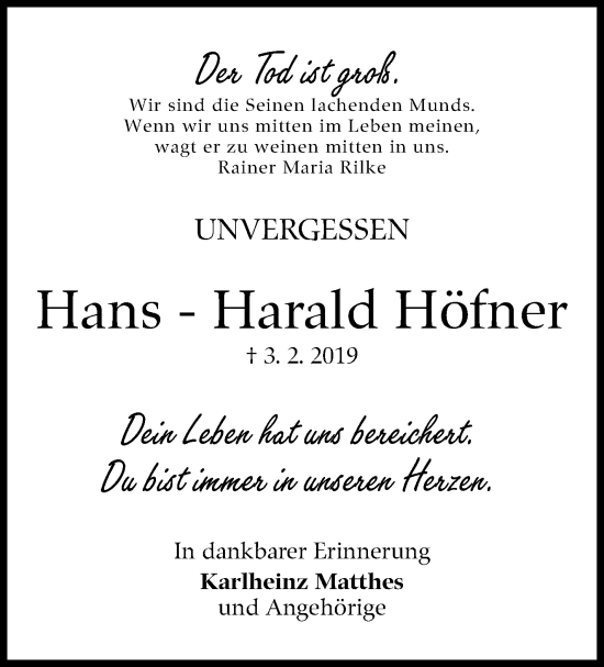 Traueranzeige von Hans-Harald Höfner von Stuttgarter Zeitung / Stuttgarter Nachrichten
