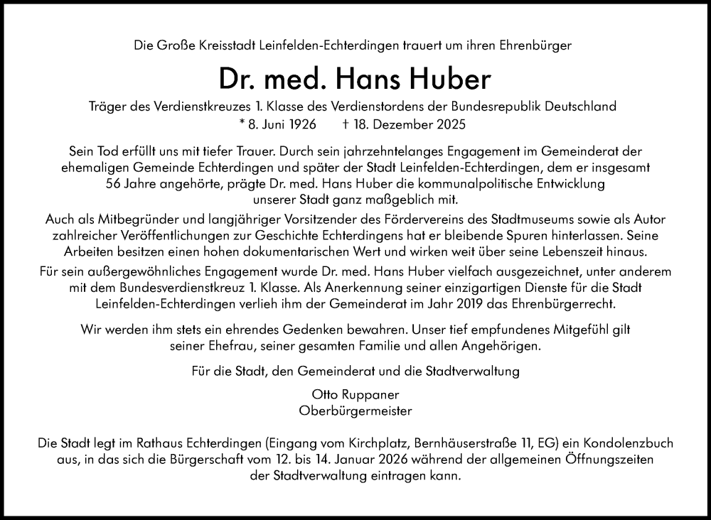  Traueranzeige für Hans Huber vom 09.01.2026 aus Stuttgarter Zeitung / Stuttgarter Nachrichten