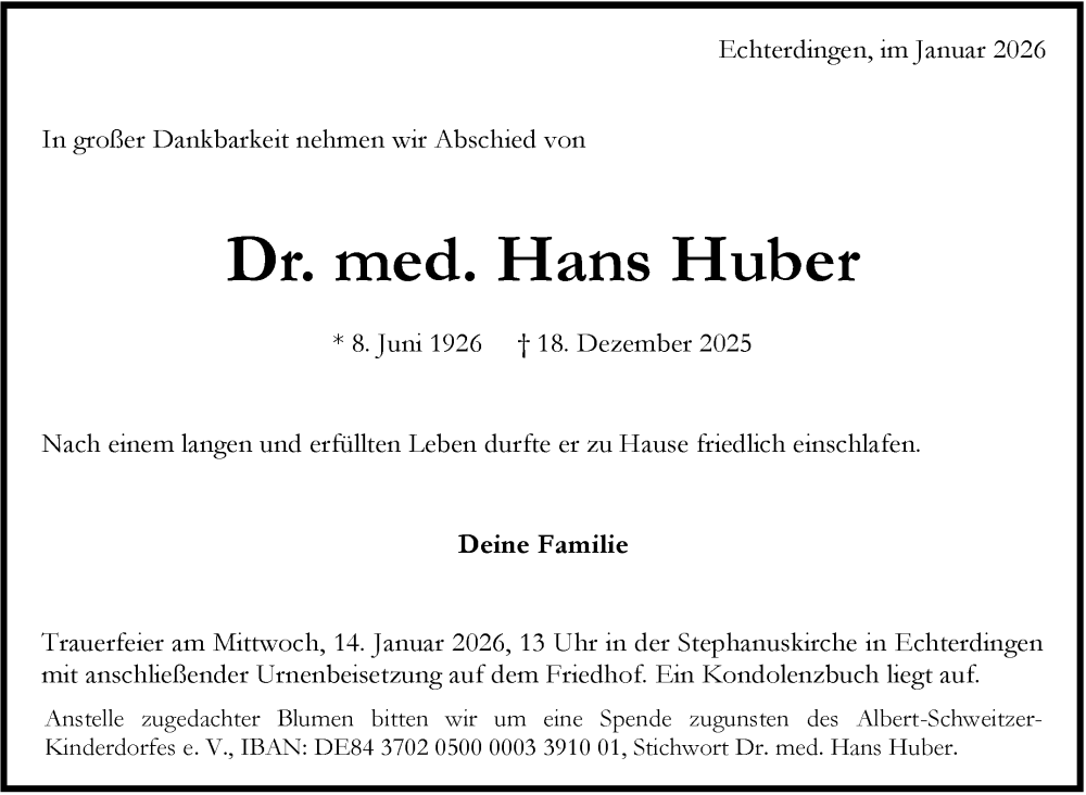  Traueranzeige für Hans Huber vom 10.01.2026 aus Stuttgarter Zeitung / Stuttgarter Nachrichten