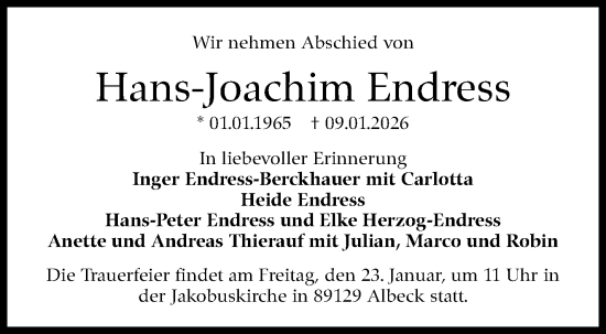 Traueranzeige von Hans-Joachim Endress von Stuttgarter Zeitung / Stuttgarter Nachrichten