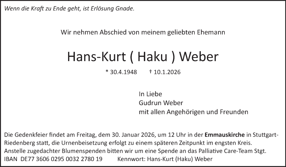  Traueranzeige für Hans-Kurt Weber vom 17.01.2026 aus Stuttgarter Zeitung / Stuttgarter Nachrichten